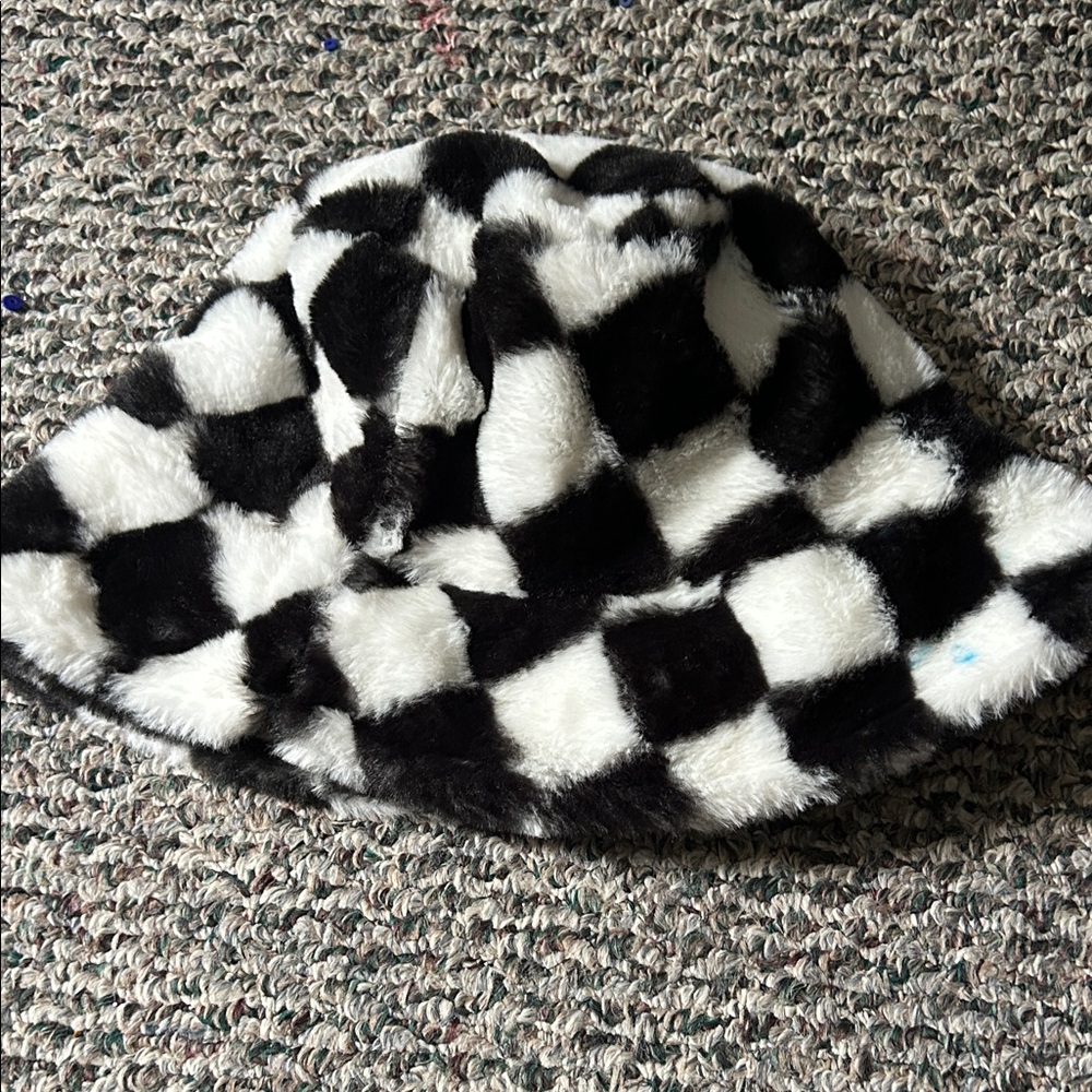Checkered Faux Fur Bucket Hat
